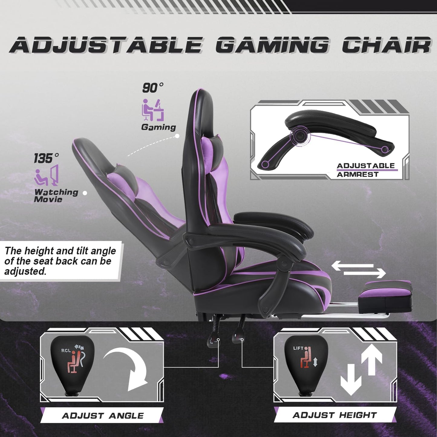 Gaming Chair with Footrest and Massage Lumbar Support, Computer Chairs, Video Racing Seat Height Adjustable with 360°Swivel and Headrest for Office or Bedroom, Purple