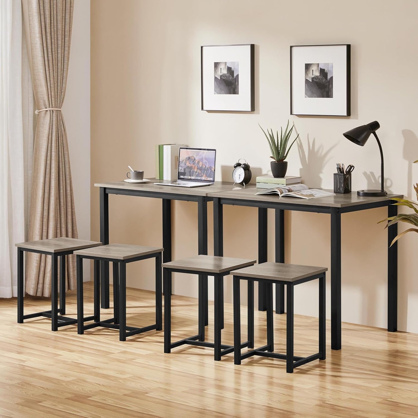 3 Piece Dining Table Set - Kitchen Table & Chair Sets for 2 - Compact Table W/ 2 Stools & Space Saving Design for Dining Room Living Room Kitchen, Gray