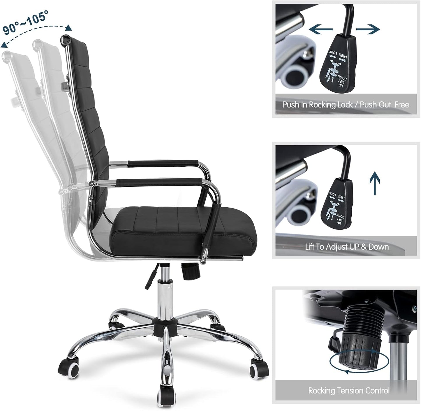 Home Office Chair Ribbed, Modern Leather Conference Room Chairs, Ergonomic Office Desk Chair, High Back Executive Computer Chair, Adjustable Swivel Chair with Arms (Black)