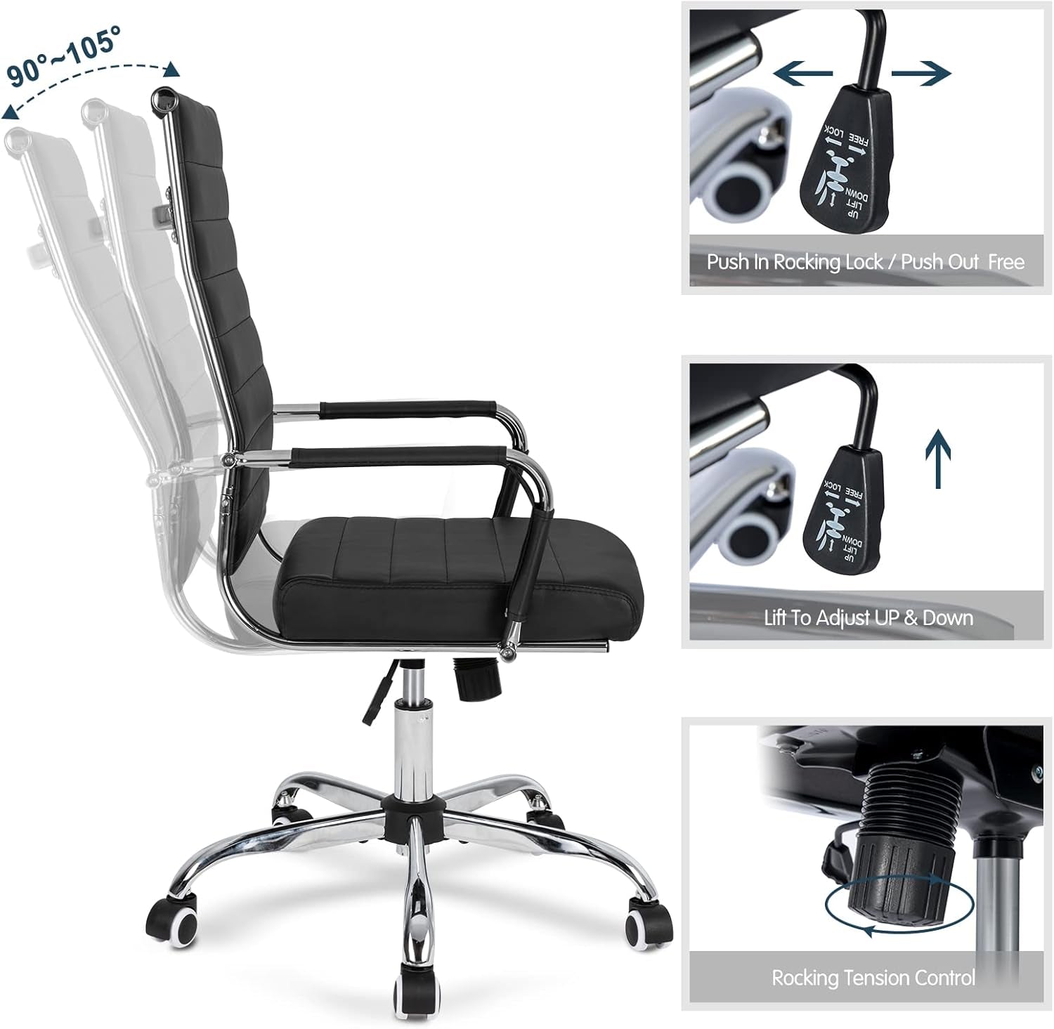 Home Office Chair Ribbed, Modern Leather Conference Room Chairs, Ergonomic Office Desk Chair, High Back Executive Computer Chair, Adjustable Swivel Chair with Arms (Black)