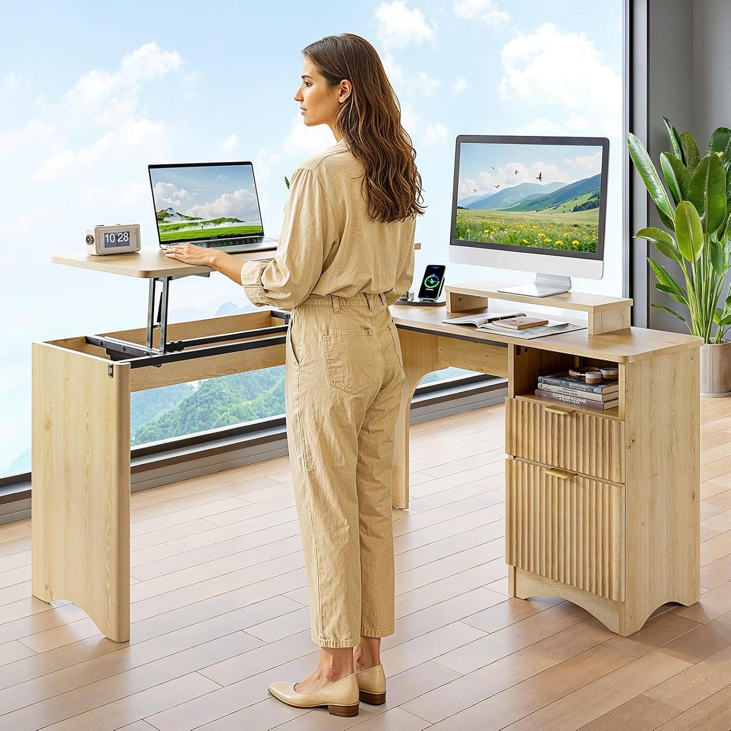 L Shaped Desk with Lift Desktop, 55 Inch Corner Desk with Fluted Panel Deisgn Drawers, Modern Office Desk with File Drawer (Natual Oak, 55'' X 55'' Lift Top)