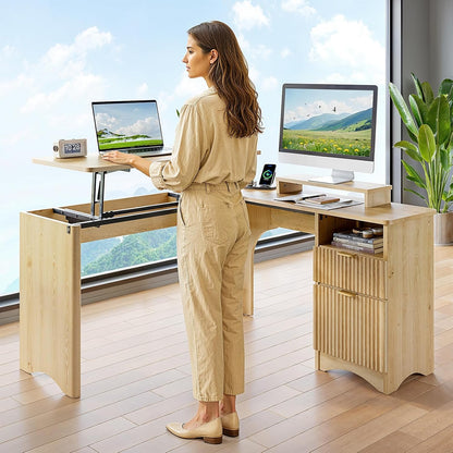 L Shaped Desk with Lift Desktop, 55 Inch Corner Desk with Fluted Panel Deisgn Drawers, Modern Office Desk with File Drawer (Natual Oak, 55'' X 55'' Lift Top)