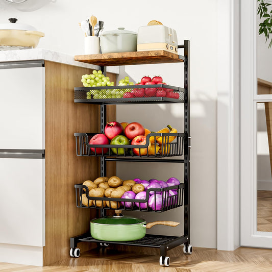 Fruit Basket Kitchen Cart - 5 Tier Adjustable Vegetable Storage Rack, Large Capacity Rolling Kitchen Carts on Wheels for Snack Onion and Potato Storage