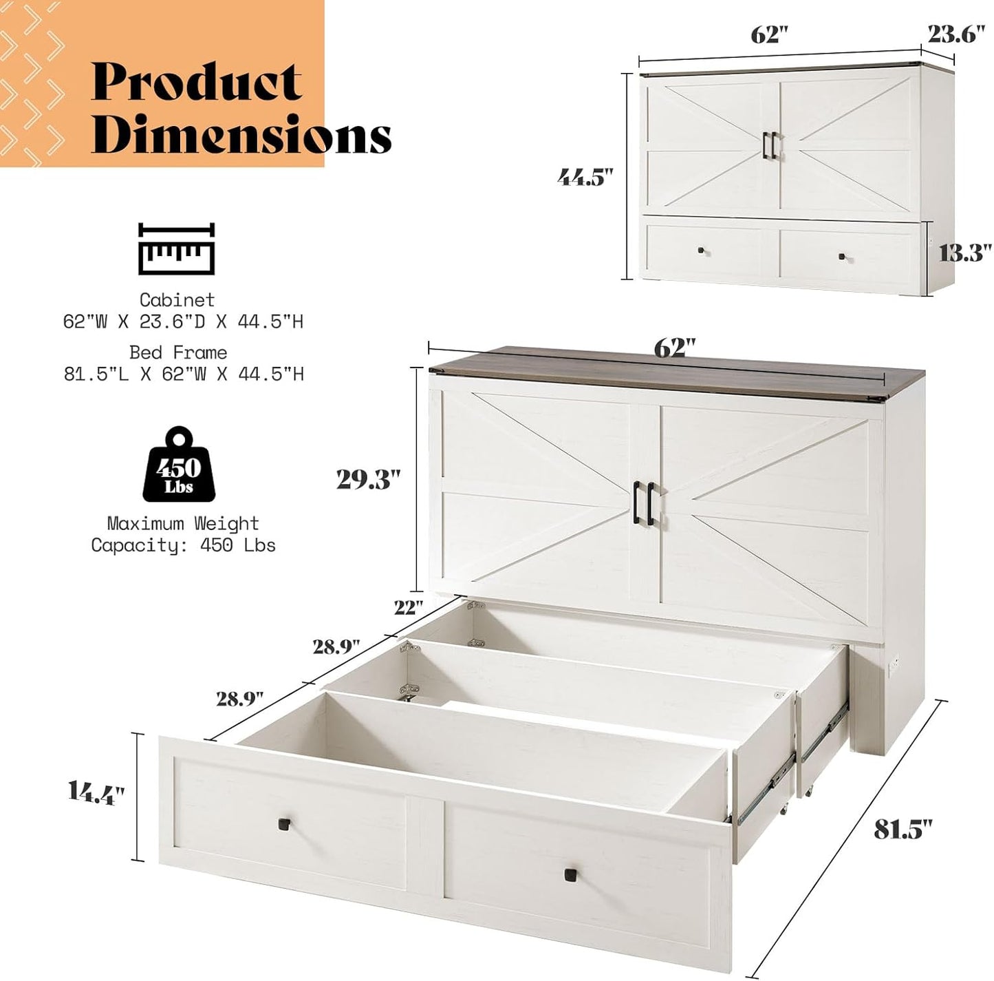 Queen Murphy Bed with Storage & Charging Station, Farmhouse Murphy Cabinet with Foldable Panel, Noisy Free, for Guest Bedroom, Living Room, Office, Distressed White