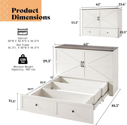 Queen Murphy Bed with Storage & Charging Station, Farmhouse Murphy Cabinet with Foldable Panel, Noisy Free, for Guest Bedroom, Living Room, Office, Distressed White