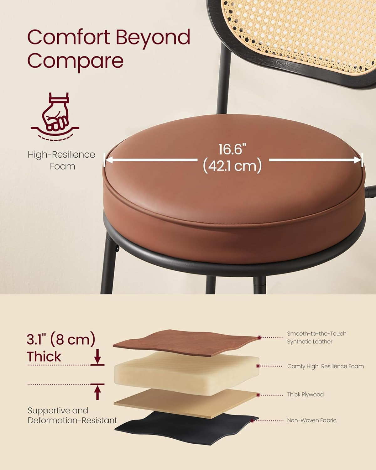 Bar Stools Set of 2, Bar Height Stools with Rattan Back and Metal Legs, 25.1-Inch Tall Counter Chairs, Modern Leather Upholstered Barstools for Kitchen Island Dining Room, Caramel Brown
