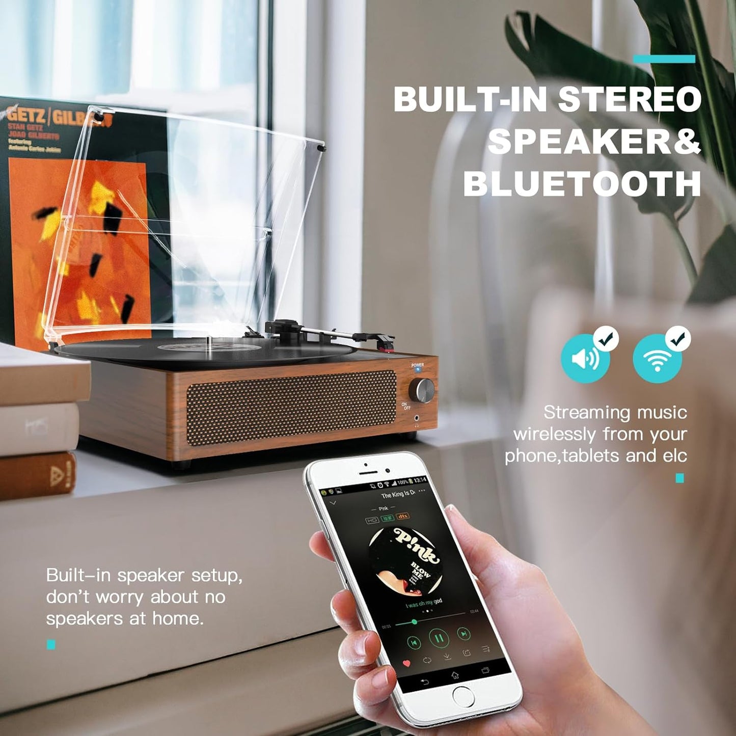 Vintage Record Players for Vinyl with Speakers Belt-Driven Retro Turntable LP Player Support 3-Speed, Bluetooth Playback, Aux-In, Headphone, RCA All-In-One Auto Stop Phonograph Wooden Brown