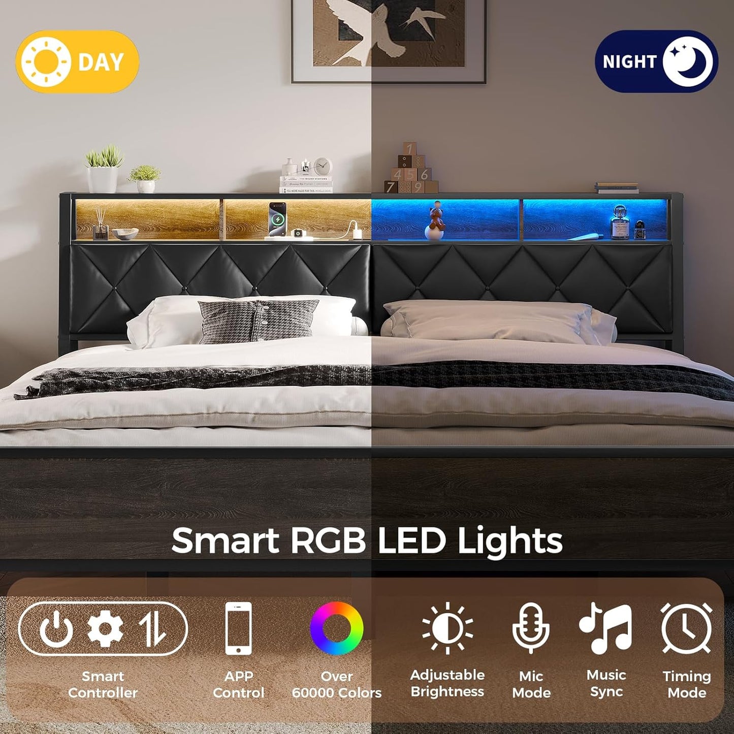 Queen Headboard Only, Headboard for Queen Size Bed with Storage, Upholstered Headboards with LED Lights & Charging Station, Attach Frame, Ideal for Bedroom/Dorm/Guest Room, Black, Faux Leather