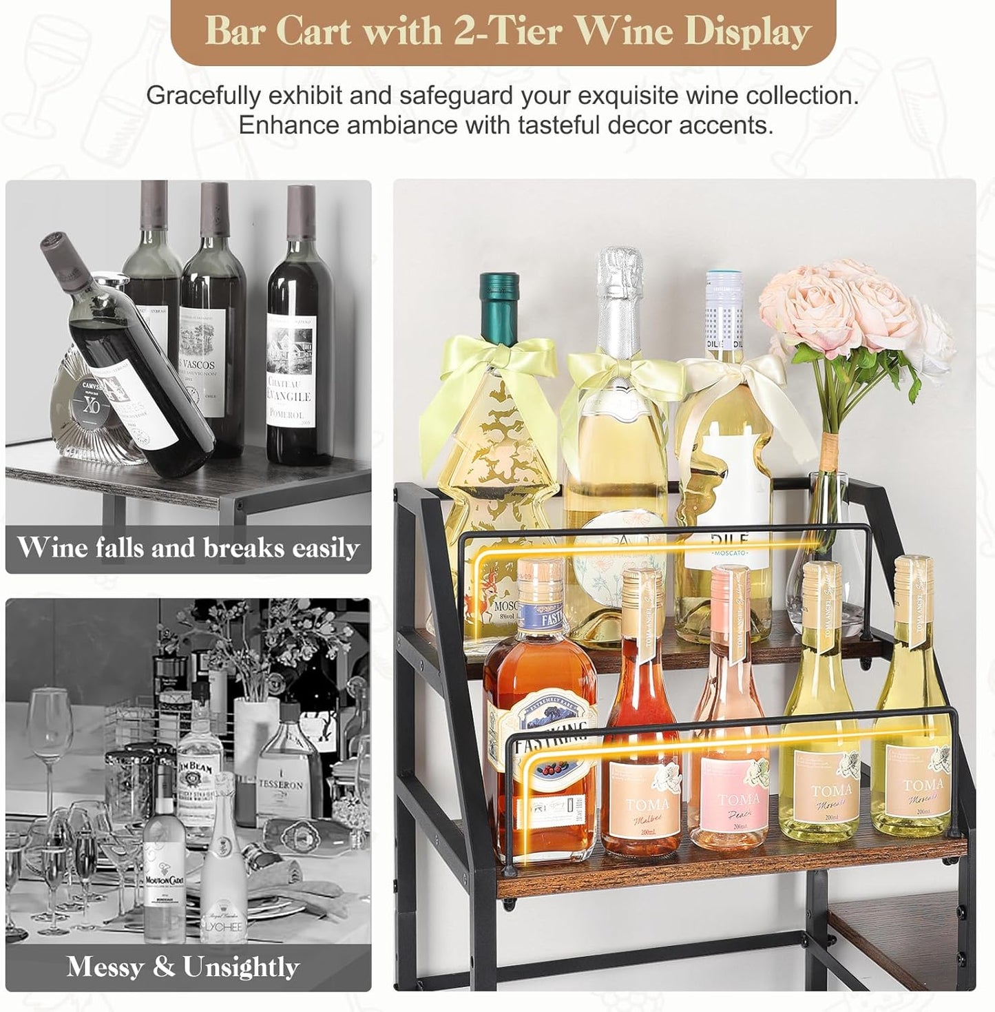 Rolling Bar Cart with Wine Glass Holder, Mini Bar for Whiskey Wine, Liquor Cart for Home, Alcohol Cabinet for Kitchen, Dining Room