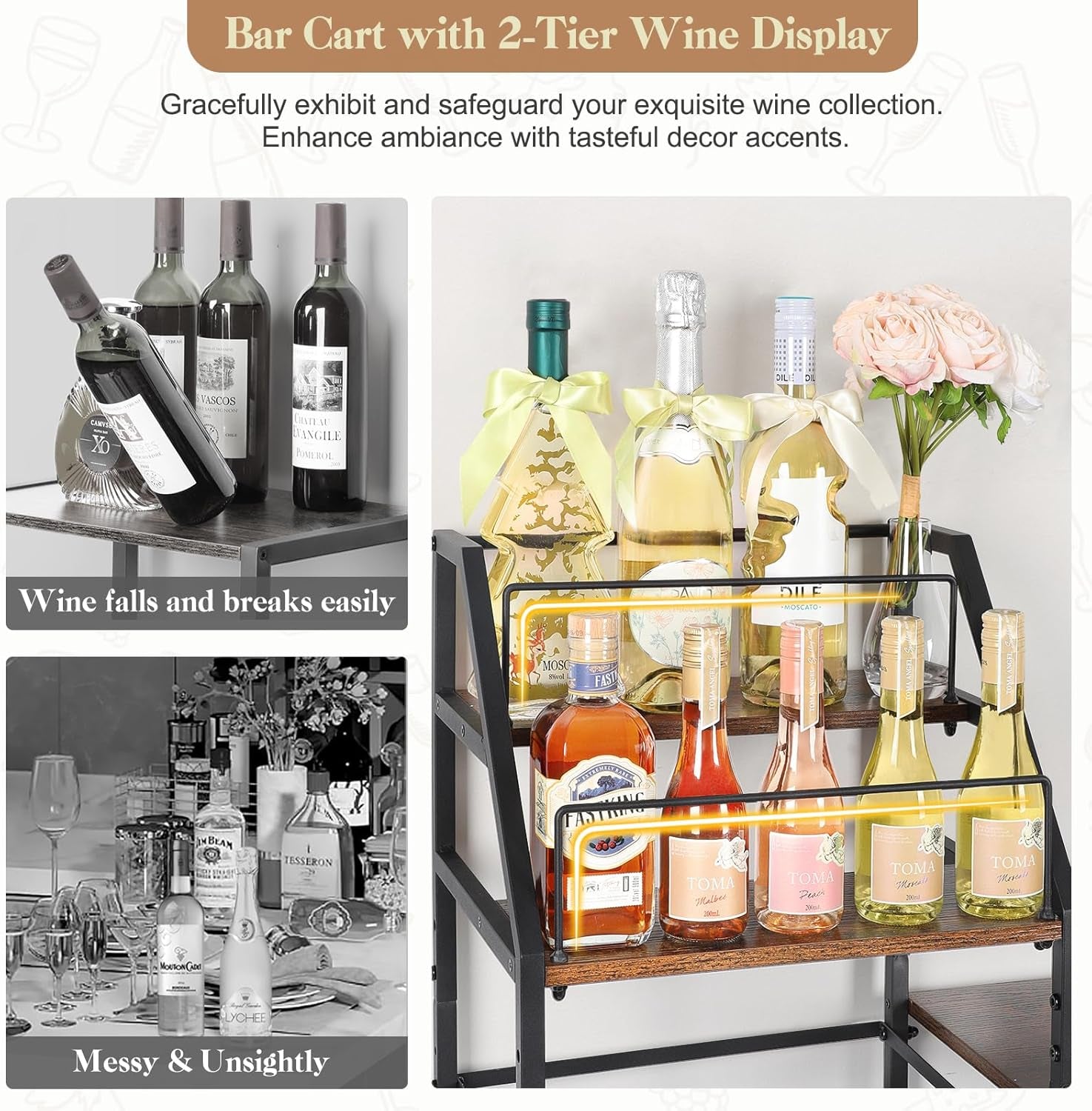 Rolling Bar Cart with Wine Glass Holder, Mini Bar for Whiskey Wine, Liquor Cart for Home, Alcohol Cabinet for Kitchen, Dining Room