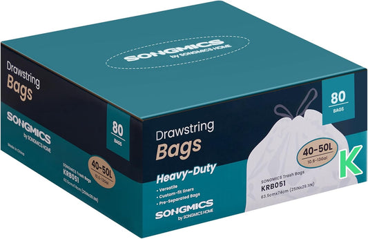 Trash Bags for 13-Gallon (50 L) Trash Cans, Drawstring Kitchen Garbage Bags, Pre-Separated, Quick-Dispense Box, Liner Code K, 2 Rolls, 80 Count, White UKRB051A02