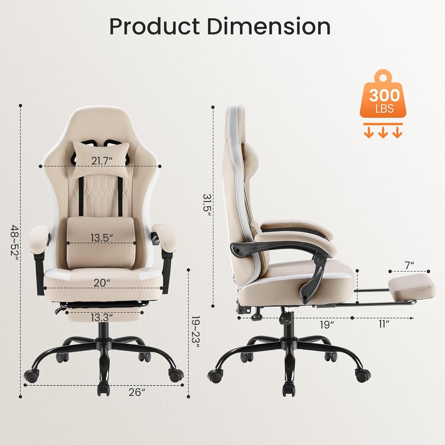 Computer Gaming Chair - High Back Ergonomic Desk Chair with Footrest and Lumbar Support, Height Adjustable Task Chair with Linkage Armrests and Headrest, 360° Swivel Wheels, Khaki