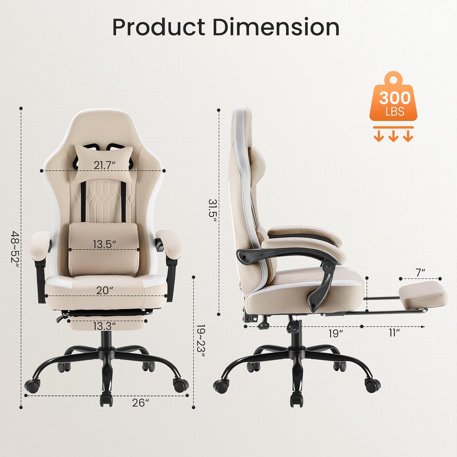 Computer Gaming Chair - High Back Ergonomic Desk Chair with Footrest and Lumbar Support, Height Adjustable Task Chair with Linkage Armrests and Headrest, 360° Swivel Wheels, Khaki