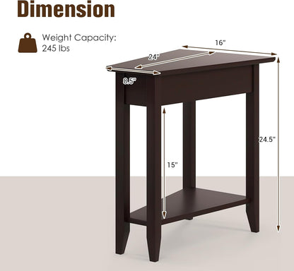 Wedge End Table, Triangle Side Table with Storage Shelf and Solid Wood Legs, Recliner Table, 24.5" Tall Nightstand, Modern Narrow Accent Table for Small Space Living Room, Espresso