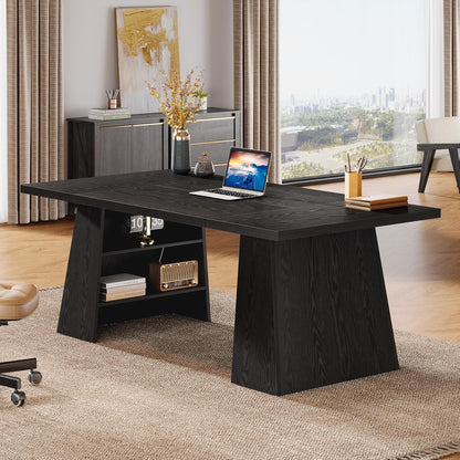 63-Inch Executive Desk, Modern Black Office Desk with Double Pedestal and Storage Shelves, Simple Large Computer Writing Conference Table Workstations Business Furniture for Home Office