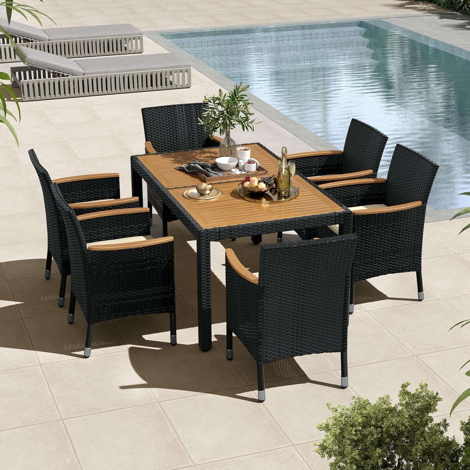 7 Piece Patio Furniture Set, Outdoor Dining Acacia Wood Table Top Rattan Conversation Set with Soft Cushions, 6 Chairs & 1 Table for Backyard, Deck, Garden & Yard, Black/Beige