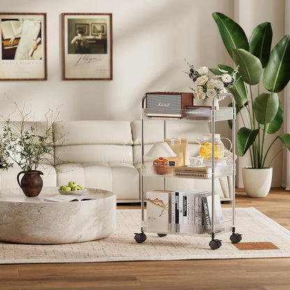 3 Tier Rolling Cart with Lockable Wheels, Clear Acrylic Utility Trolley with Handle, Heavy-Duty Storage Organizer for Kitchen Bathroom Nursery Laundry - Snack Book Craft Organizer (Clear)