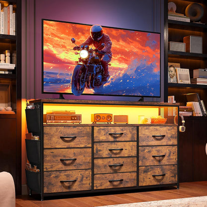 Dresser for Bedroom with 10 Drawers for 55" TV Stands for Living Room with LED Lights & Power Outlets Dressers with Shelves & Side Pockets Rustic Brown
