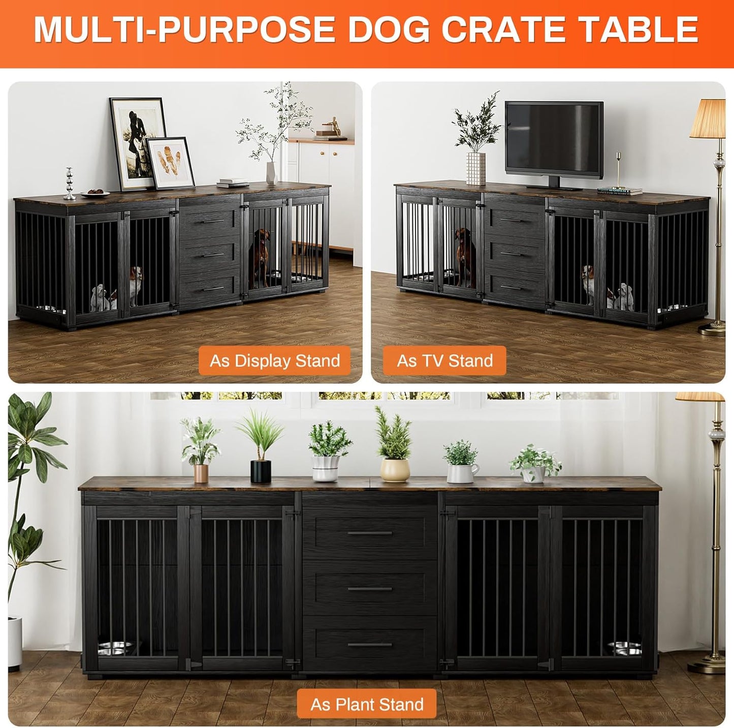 94.5" Dog Crate Furniture for 2 Dogs, Large Dog Kennel Furniture with 3 Storage Drawer, Wooden Dog Cage with 4 Bowls, Indoor Dog House TV Stand with Locks for Large Medium Dog, Grey