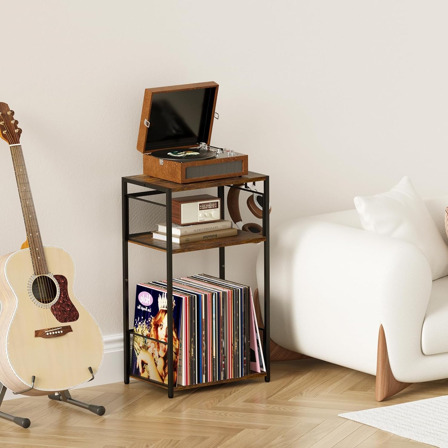 3-Tier Record Player Stand with Storage for up to 100 Vinyl Albums, Turntable Shelf with Brown Finish for Living Room & Bedroom