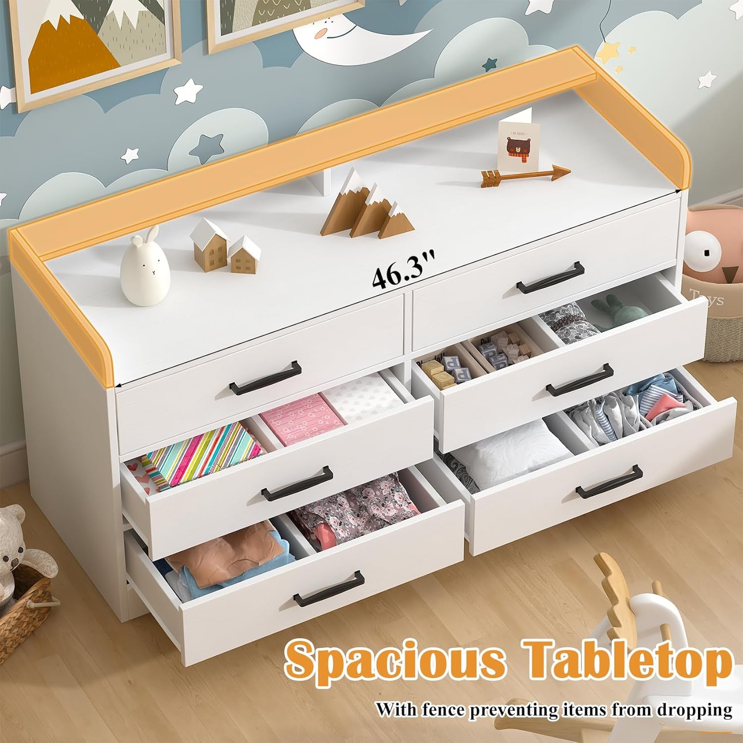 Dresser for Kids Bedroom, Kids Dresser with 6 Deep Drawers for Playroom, Wooden Storage Cabinet with Metal Handles & Anti-Dropping Fence for Toys/Clothes/Books, 15.8" D X 47.2" W X 25.2" H