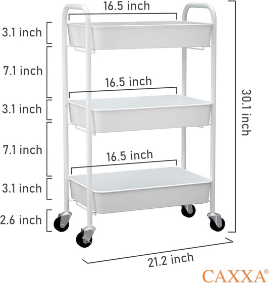 3-Tier Rolling Metal Storage Organizer - Mobile Utility Cart Kitchen Cart with Caster Wheels, White