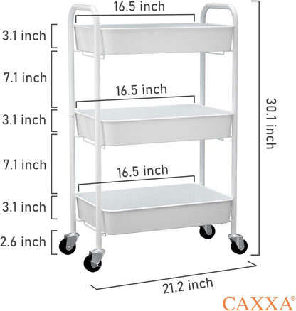 3-Tier Rolling Metal Storage Organizer - Mobile Utility Cart Kitchen Cart with Caster Wheels, White