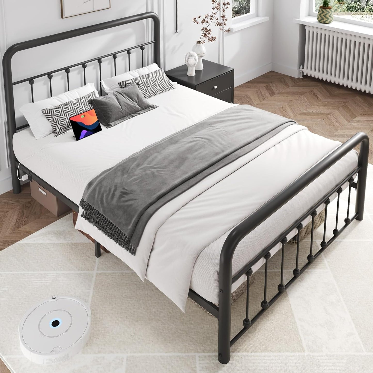 14 Inch Queen Bed Frame Classic Metal Platform Bed Frame with Charging Station & LED, Victorian Style Iron-Art Headboard/Footboard, under Bed Storage, No Box Spring Needed, Noise Free