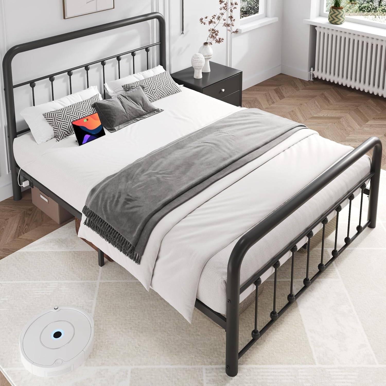 14 Inch Queen Bed Frame Classic Metal Platform Bed Frame with Charging Station & LED, Victorian Style Iron-Art Headboard/Footboard, under Bed Storage, No Box Spring Needed, Noise Free