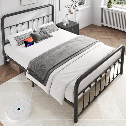 14 Inch Queen Bed Frame Classic Metal Platform Bed Frame with Charging Station & LED, Victorian Style Iron-Art Headboard/Footboard, under Bed Storage, No Box Spring Needed, Noise Free