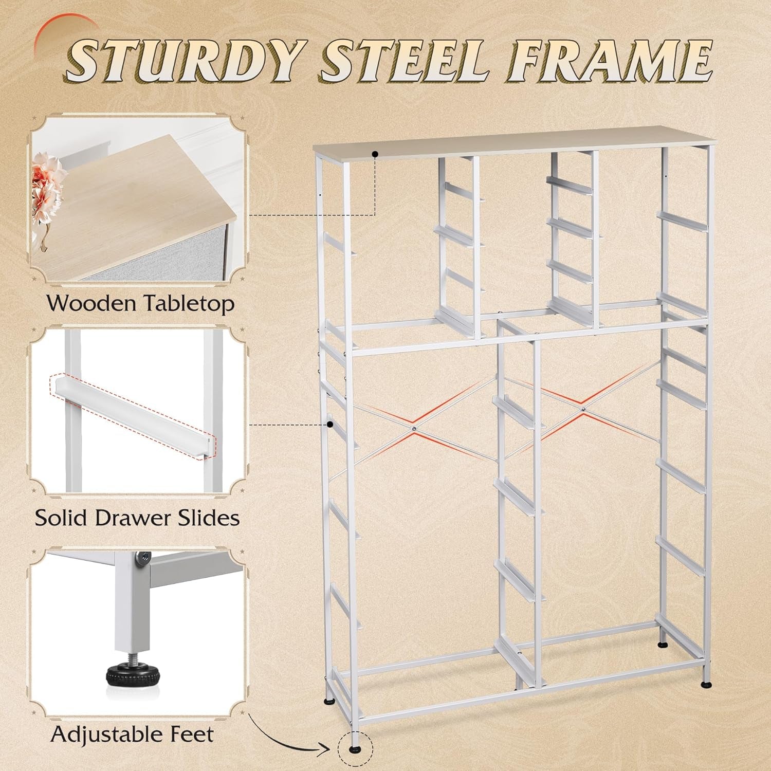 Tall Console Table with 16 Fabric Drawers, Entryway Table with Storage, Large Storage Organizer with Wood Top, Steel Frame for Living Room, Hallway, Office, Light Grey