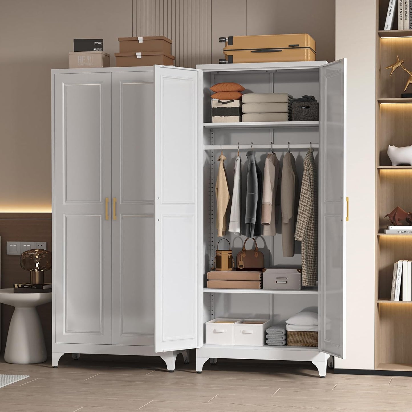 Metal Wardrobe Cabinets,Armoire Wardrobe Closet with Hanging Rod,Clothes Storage Cabinet with Adjustable Shelves and Doors,Clothing Cabinet for Bedroom,Office, Laundry Room