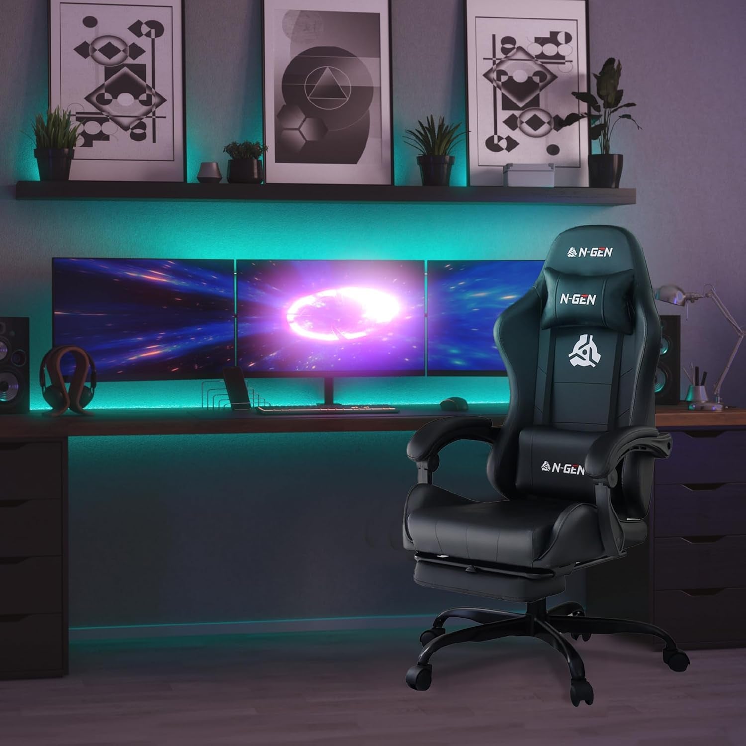 Video Gaming Chair with Footrest Lumbar Support for Home Office High Back Recliner Height Adjustable Ergonomic Comfy Leather Computer Desk Chair (Black)