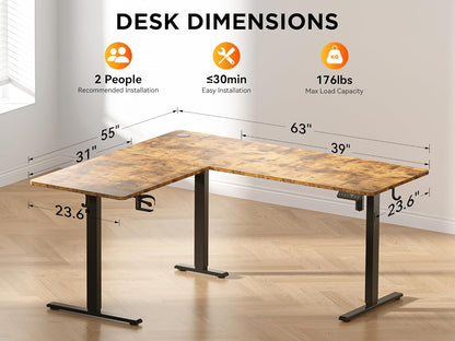 63X55 Inches Reversible L Shaped Standing Desk Height Adjustable with Cup Holder, Electric Corner Computer Desk, Sit Stand up Home Office Desk, Ergonomic Gaming Desk, Rustic Brown