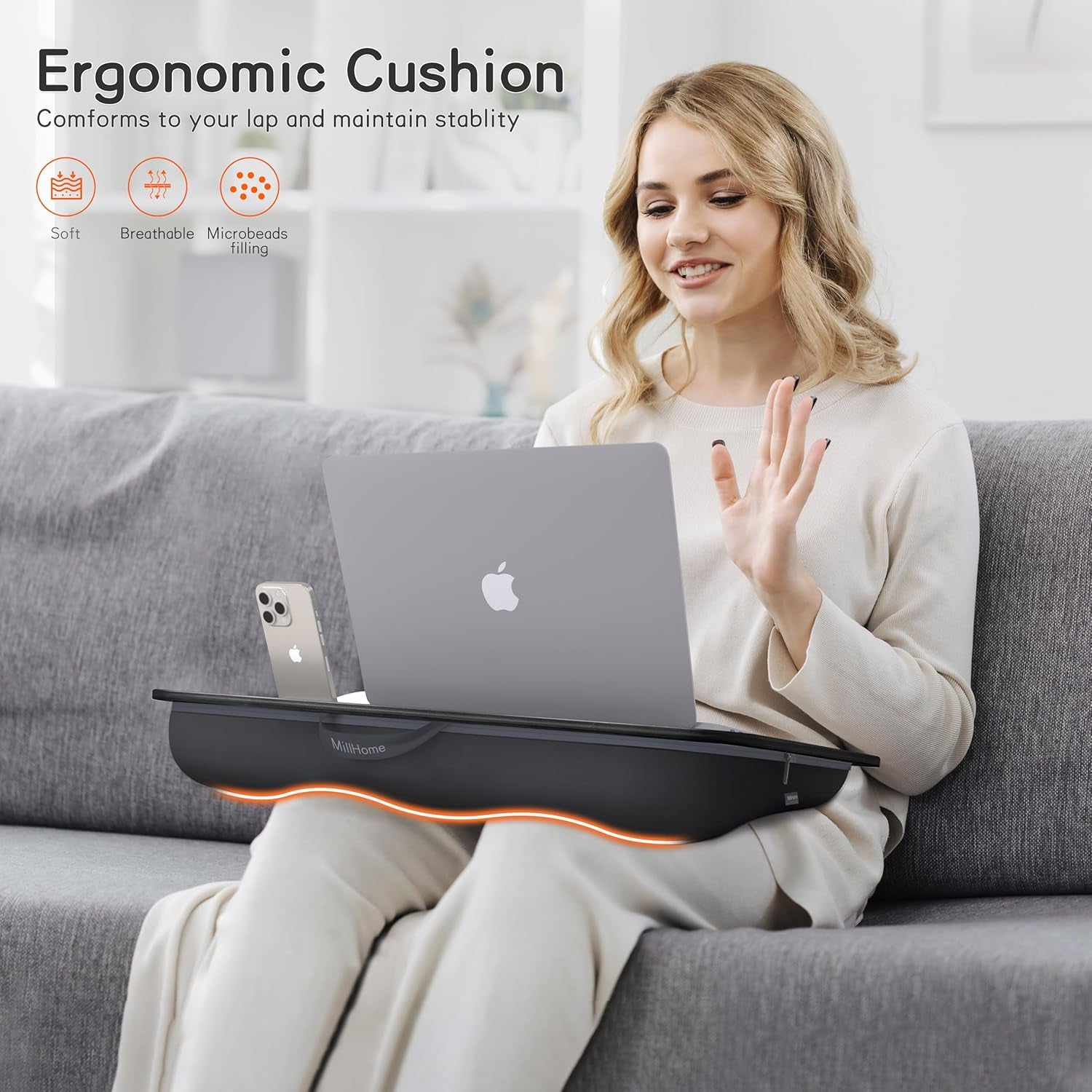Lap Desk, Lap Desk with Cushion, Fits up to 17 Inch Laptop, Pillow Designed, Portable Laptop Stand with Tray, Pad & Phone Holder, Home Office for Bed/Couch/Car/Reading/Writing, (Black)