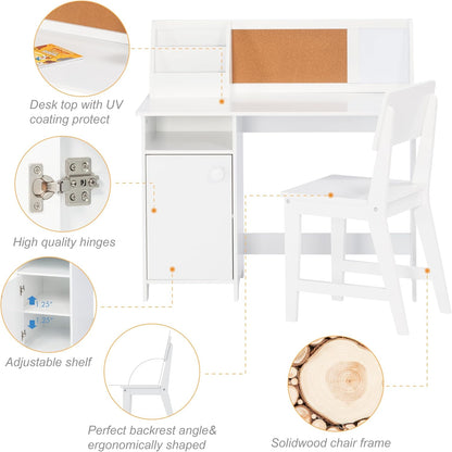 Kids Study Desk with Chair, Kids Desk and Chair Sets with Hutch for 3-8, Wooden Children Study Table, Student Writing Table Computer Workstation