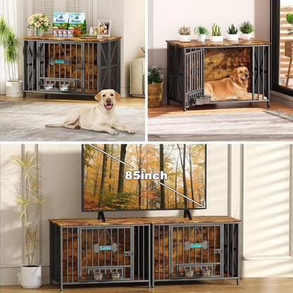Foldable Large Dog Crate Furniture, 41.3" Assembly-Free Dog Crates for Large Dogs, Wooden Dog Kennel Indoor with Tag & Dog Bowls, Dog Cage Use as TV Stand, Rustic Brown