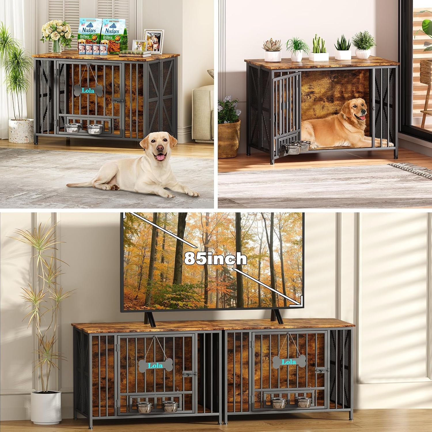 Foldable Dog Crate Furniture, 31.5" Dog Crates for Small/Medium Dogs, Wooden Dog Kennel Indoor with Tag & Adjustable Dog Bowls, Dog Cage Use as End Table/Tv Stand, Oak Grey