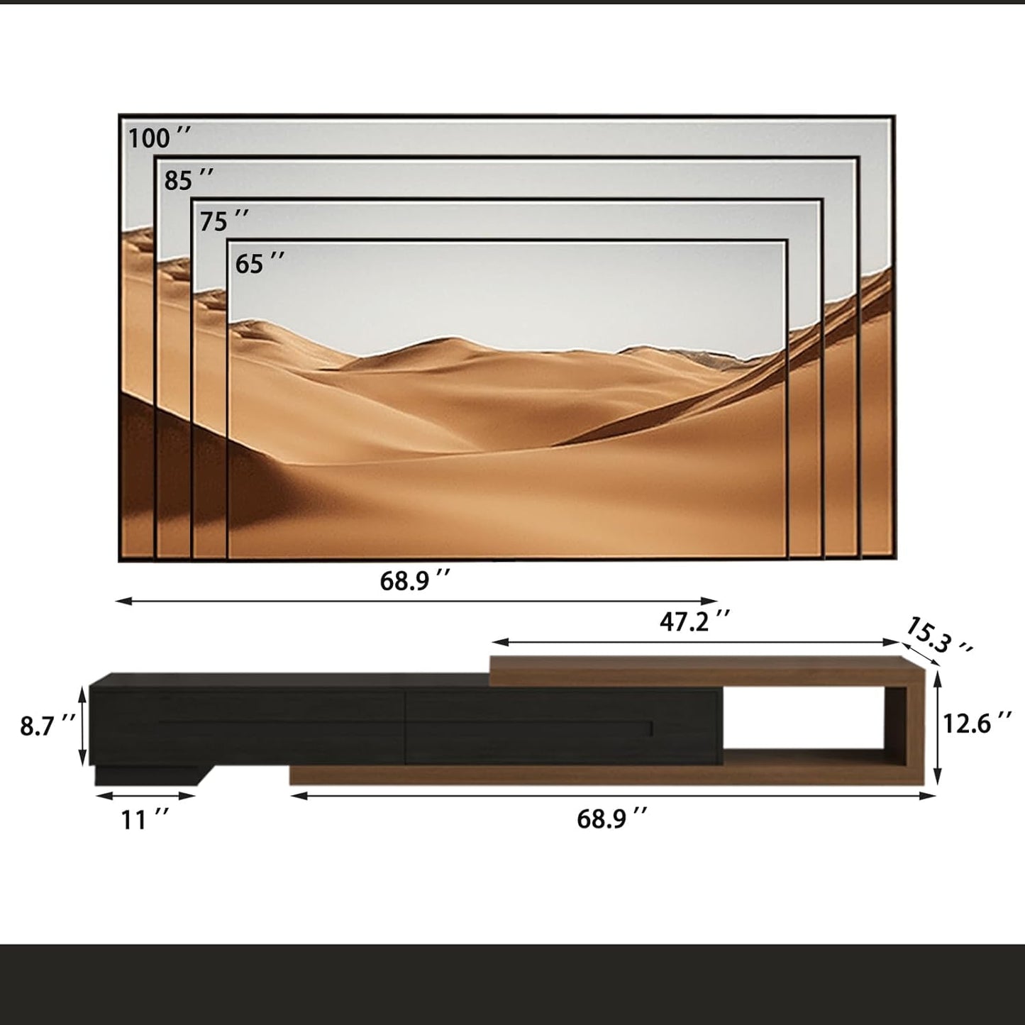 Extendable TV Stand with 2 Drawers, 80"-115" Modern Wood TV Console for up to 120 Inch TV, Long Reversible Entertainment Center with Storage for Living Room Bedroom, Black& Walnut