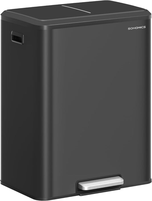 Trash Can, 2 X 8 Gallon (2 X 30 L) Double Garabge Can for Recycling and Waste, Stainless Steel, Soft-Close Lid, Inner Buckets, Wide Sturdy Pedal, Ink Black ULTB556B01