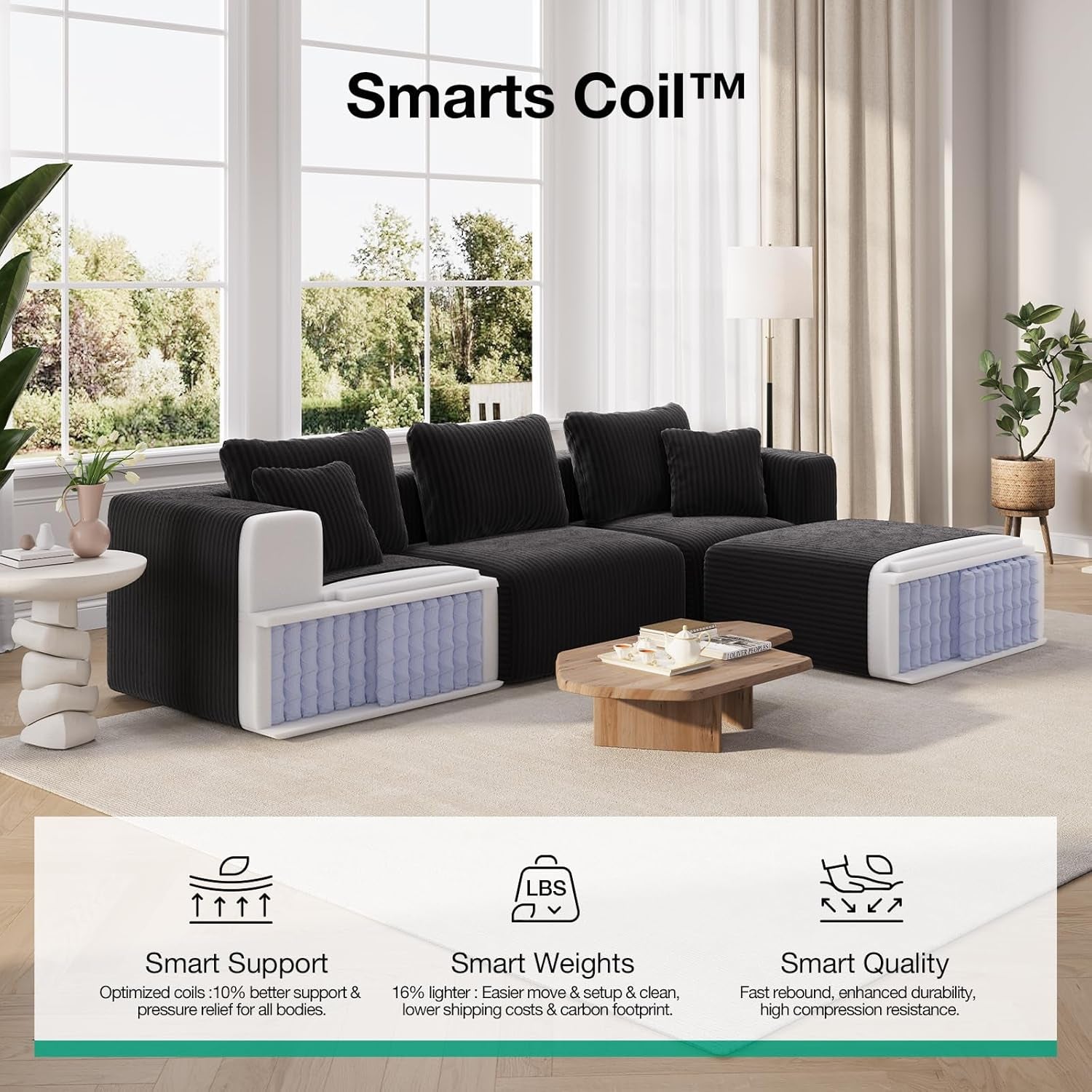 106" Modular Sectional Sofa, Modern Cloud Sectional Couch with Smarts Coil™ Support, L-Shape Boneless Couch for Living Room Apartments Bedroom, No Assembly Required (3 Seater + 1 Ottoman)