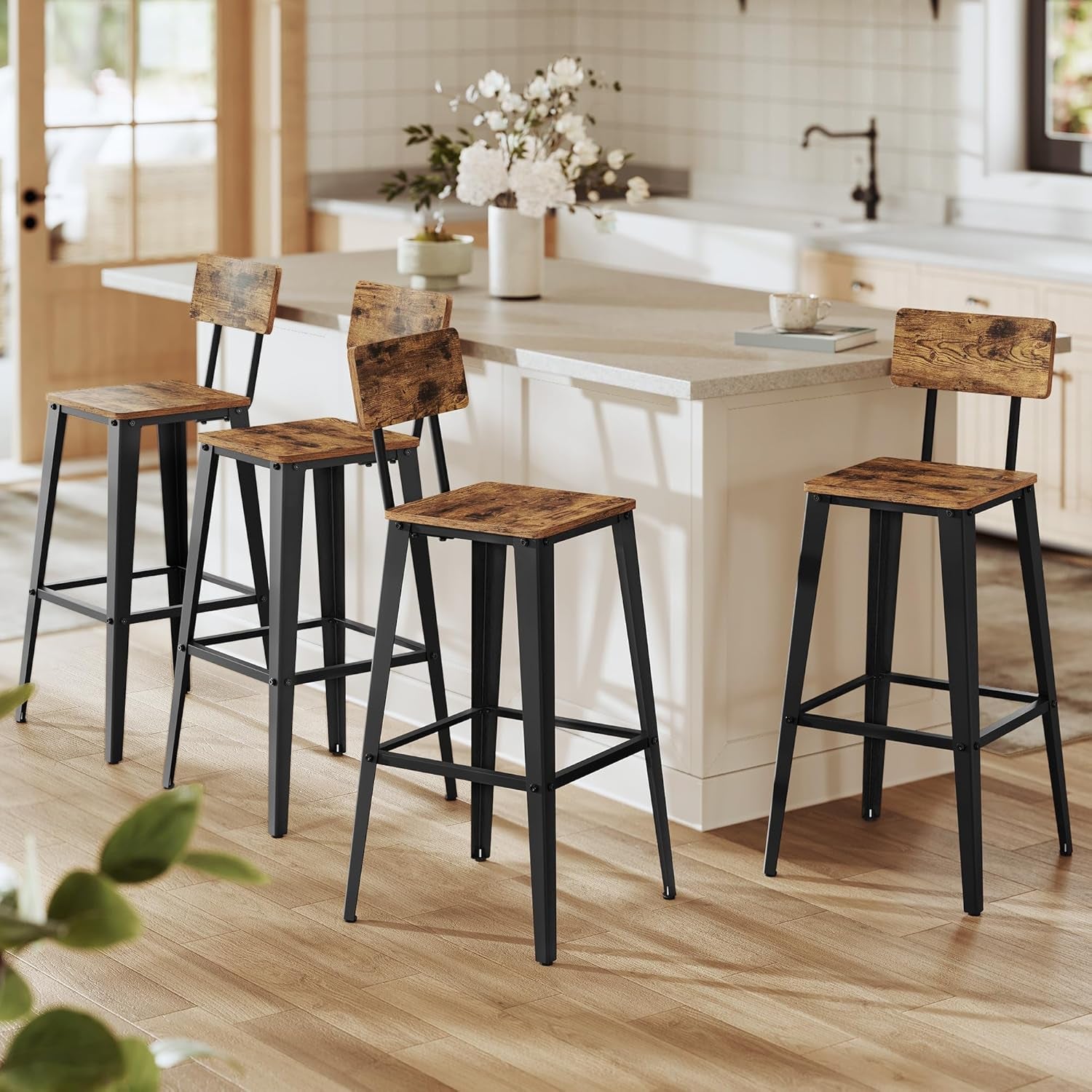 Set of 4 Bar Stools, Bar Height Stools, 29.1 Inches Tall Barstools with Back, Counter Bar Chairs for Kitchen Island, Steel Frame, Industrial Style, Easy Assembly, Rustic Brown and Ink Black