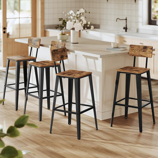 Set of 4 Bar Stools, Bar Height Stools, 29.1 Inches Tall Barstools with Back, Counter Bar Chairs for Kitchen Island, Steel Frame, Industrial Style, Easy Assembly, Rustic Brown and Ink Black