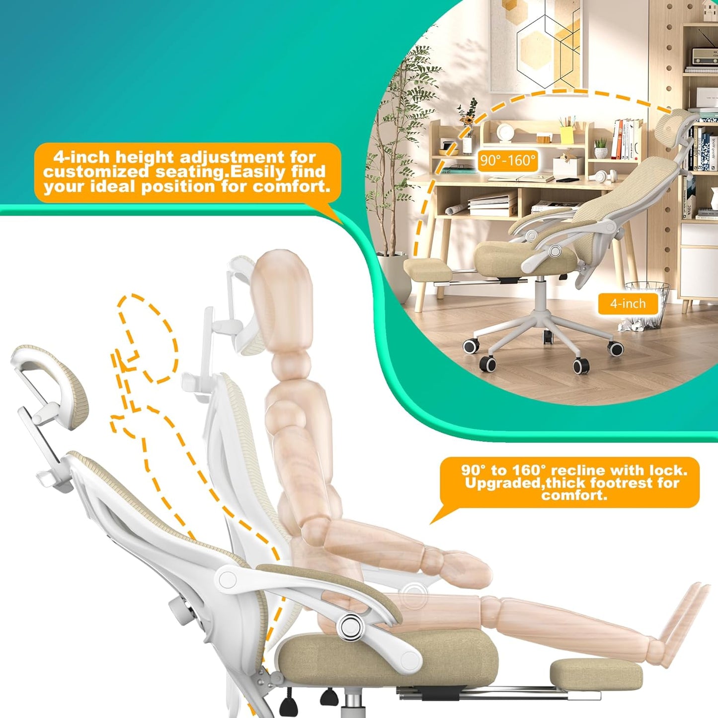 Ergonomic Office Chair - Adjustable Lumbar & Headrest, 90-160° Reclining with Footrest, Breathable Mesh Back - Home Office/Gaming Computer Chair (Beige, 300Lbs Capacity)