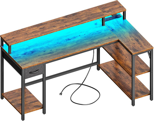 53 Inch Reversible L Shaped Desk with LED Lights & Power Outlets, Computer Desk with Shelves & Monitor Stand, Gaming Desk with Drawer, Home Office Desk Corner Desk, Rustic Brown