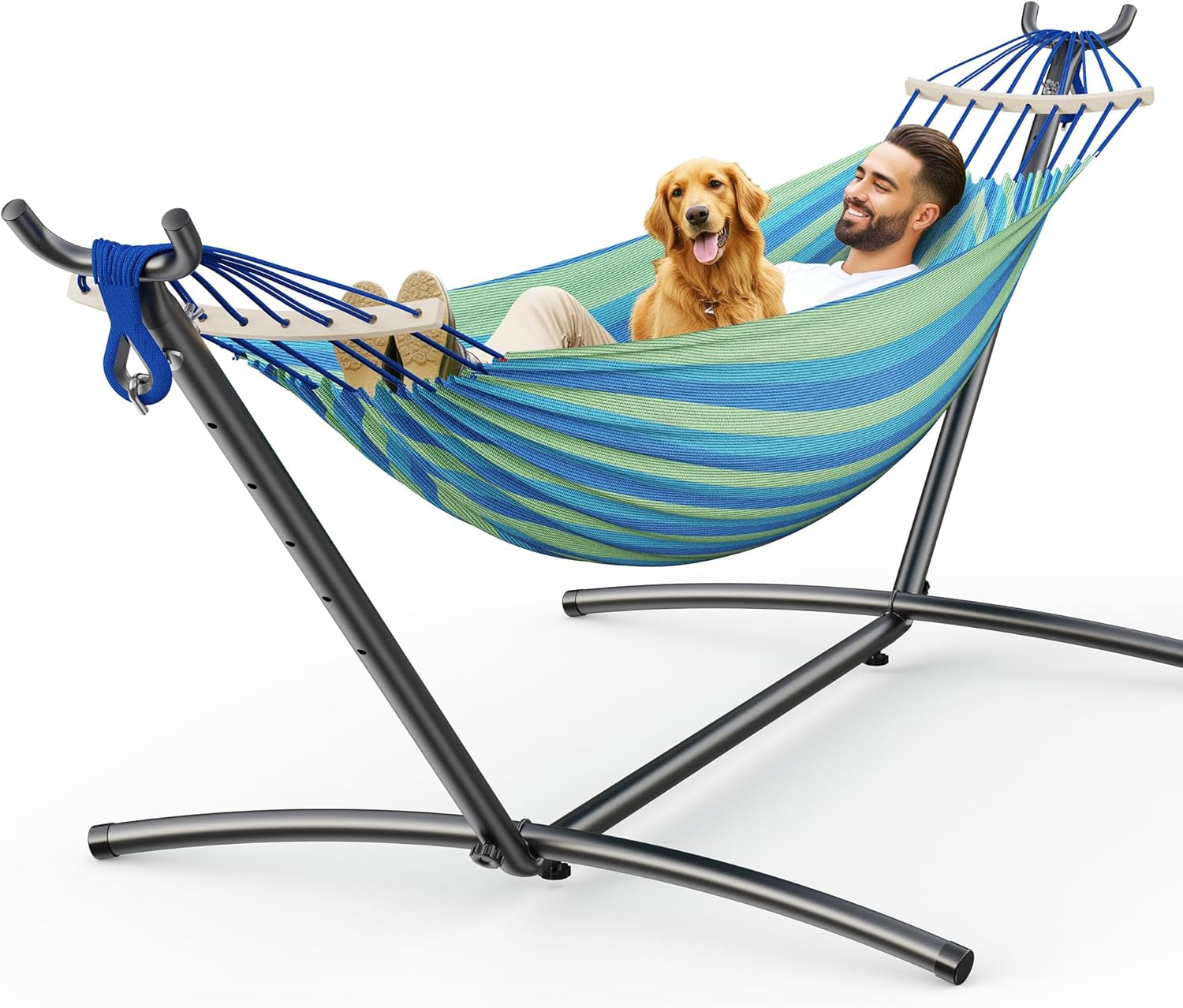 Double Hammock, Heavy Duty Portable, 500 Lb Weight Capacity, Perfect for Both Indoors and Outdoors, 2 Person Hammock with Carrying Bag, Wide Blue