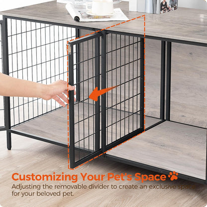 Dog Crate Furniture for 2 Dogs, 43.3" Dog Kennel with Removable Divider, Heavy Duty Wooden Dog Kennel for Small Medium Dog, Indoor Dog Cage End Table with Double Rooms, Greige DCHG1201