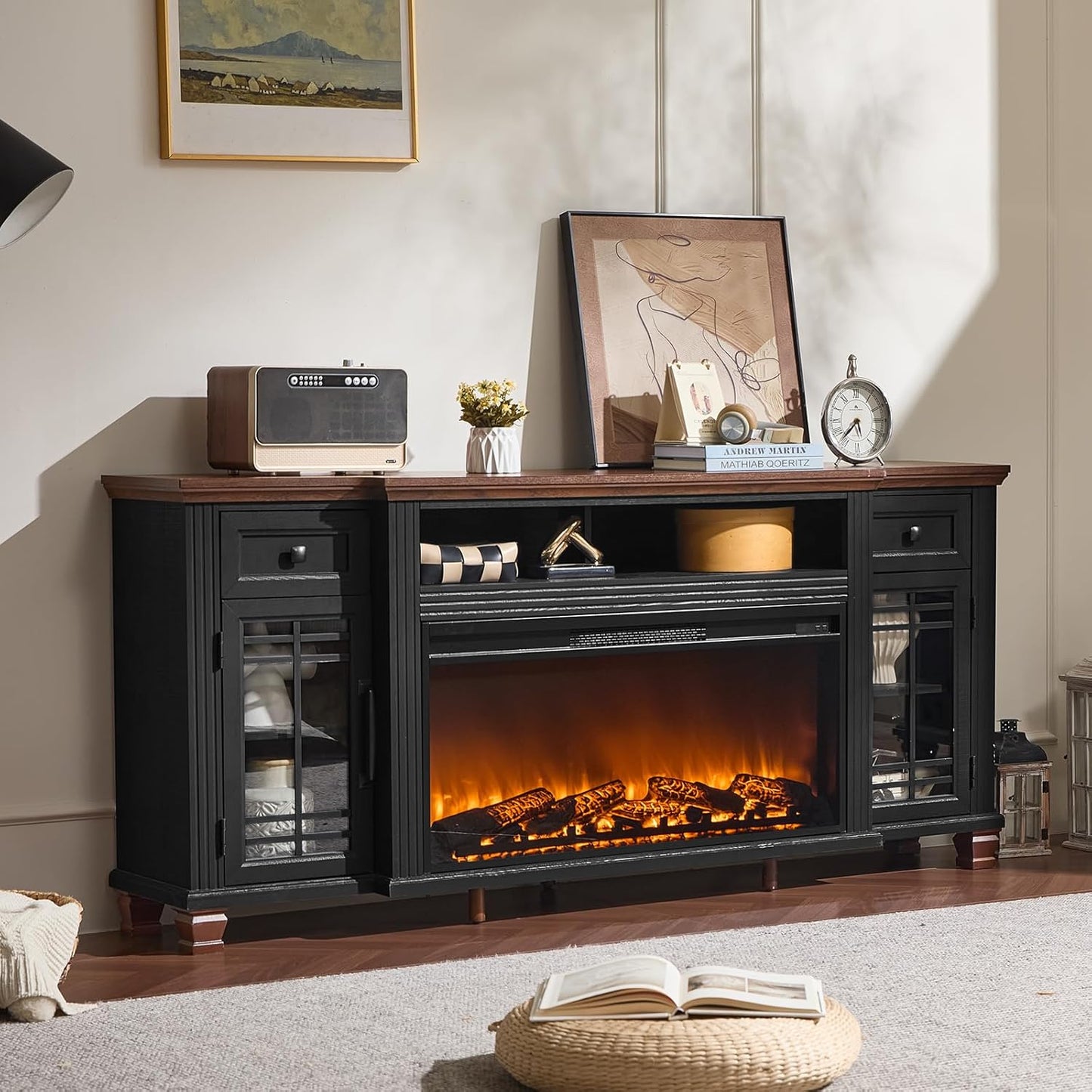 70" Fireplace TV Stand with 36”Silent Electric Fireplace, Farmhouse Entertainment Center for Tvs up to 80", 2 Drawers TV Console with Glass Door Cabinet, Black Tvs Cabinet for Living Room