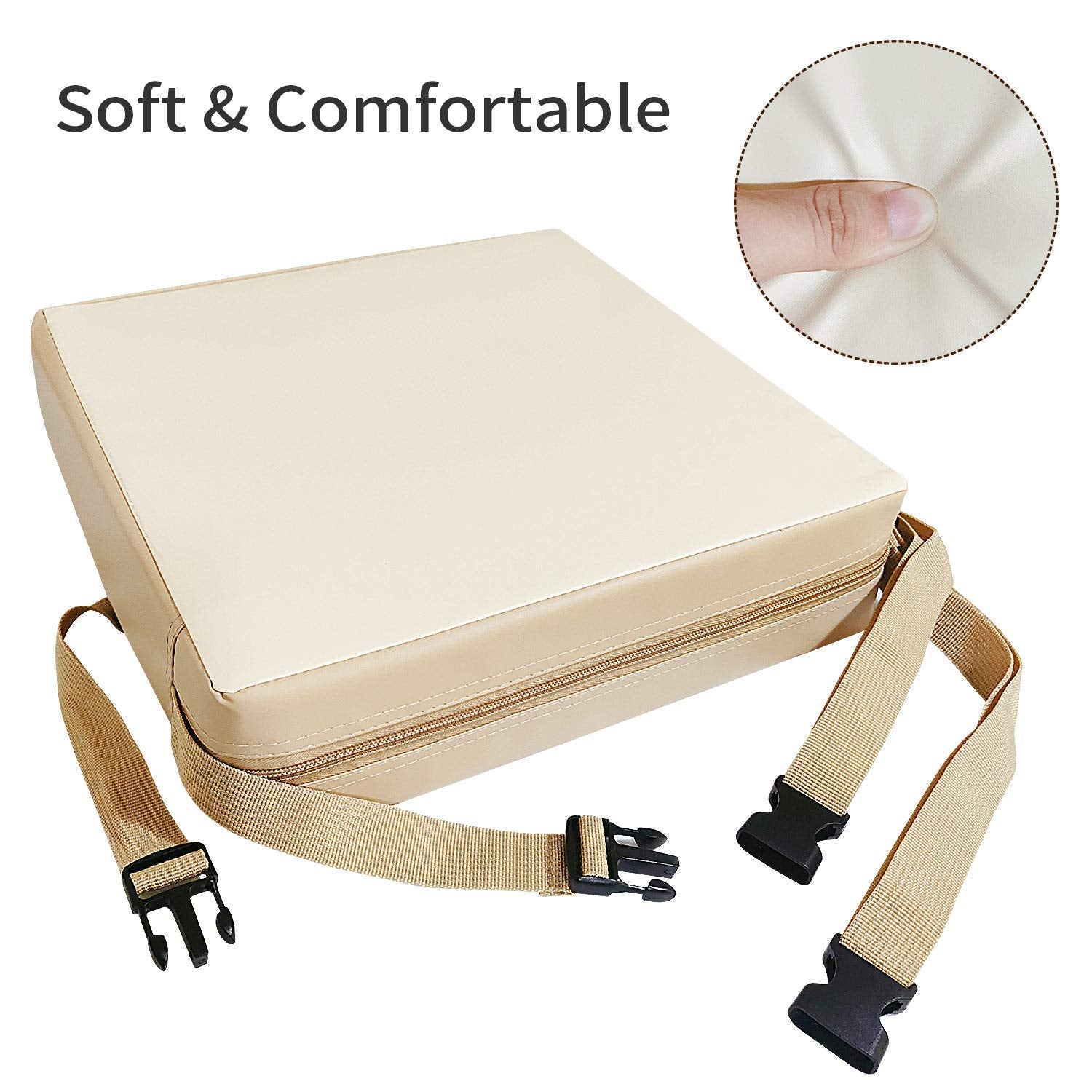 Toddler Booster Seat Dining, Washable 2 Straps Safety Buckle Kids Booster Seat for Dining Table, Portable Travel Increasing Cushion (Beige-Pu)