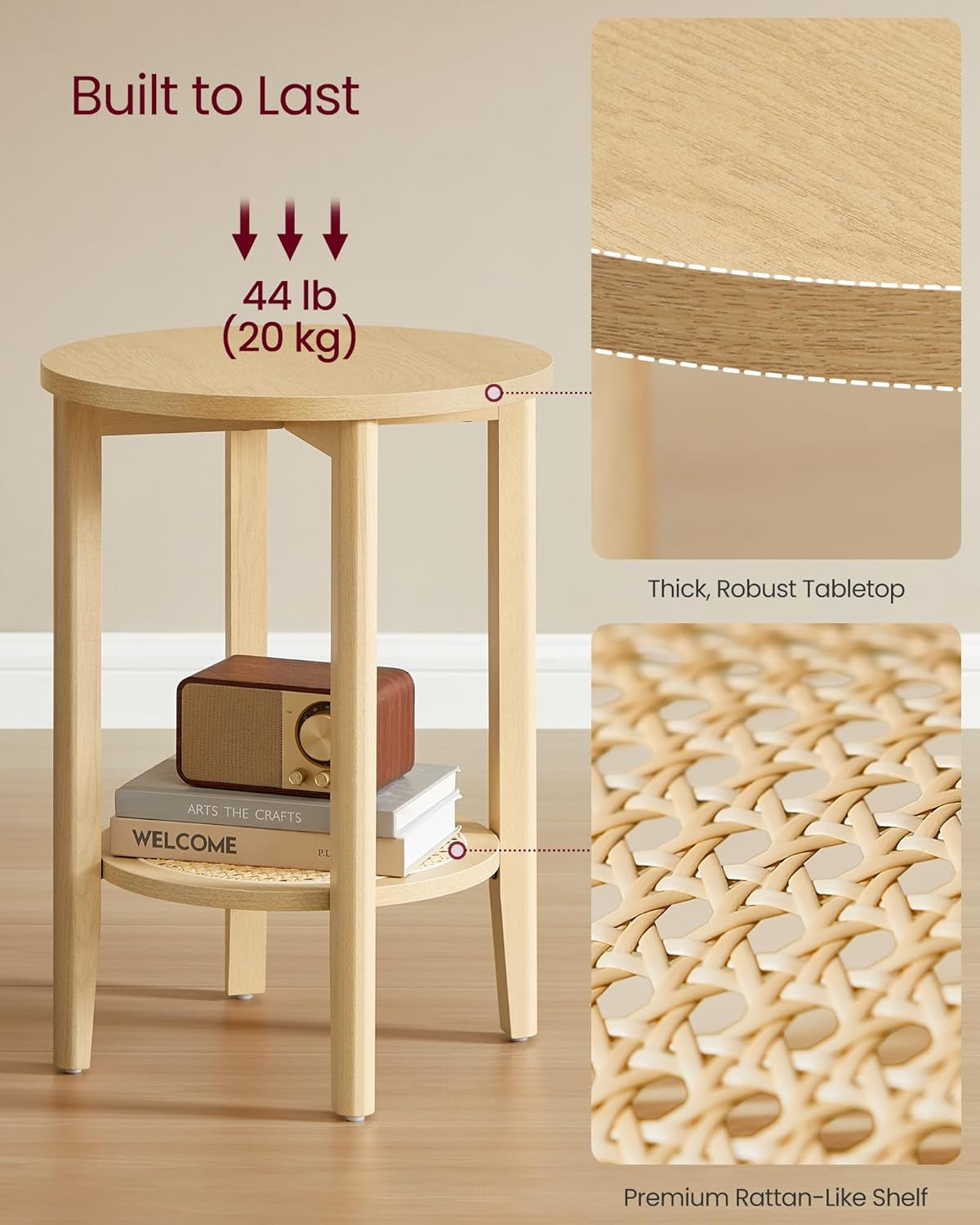 round Side End Table, 2-Tier Boho Bedside Table with Rattan-Look Storage Shelf, Nightstand for Small Spaces, for Living Room, Bedroom, Home Office, Oak Beige ULET296Y01